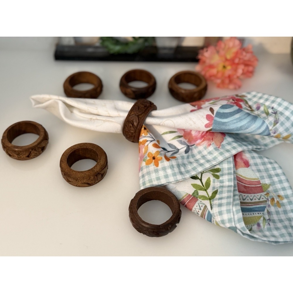 Vintage MCM Hand Carved In India Brown Wooden Napkin Rings‎ Floral Set of 7 EUC